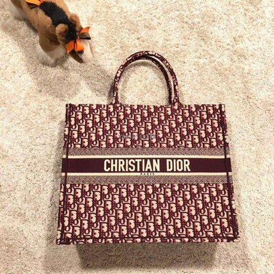 【二手】現貨 Dior 酒紅色 大號滿logo 手提包 tote bag