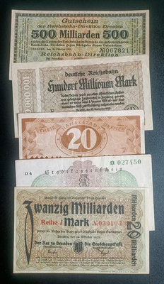 正【德國高通膨時期1923年1000-5000億-MARK紙鈔】5張一組