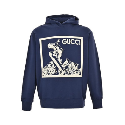 義大利奢侈時裝品牌Gucci 藍色滑雪印花連帽長袖T恤 代購