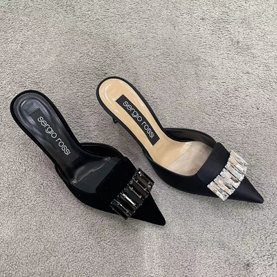 Sergio Rossi 春夏新款SR1系列水晶鉆飾絲絨高跟鞋女士包頭穆勒鞋