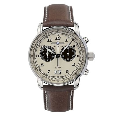 ZEPPELIN 齊柏林飛船 8684-5 手錶 40mm 德國錶 雙眼計時 軍風 米白色面盤 深棕色皮錶帶 男錶女錶