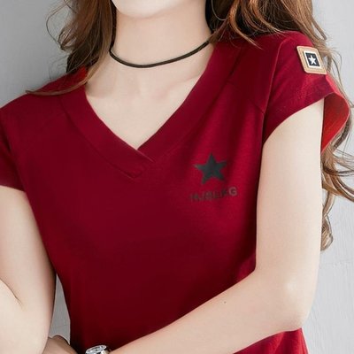 夏裝年新款純棉V領T恤女士短袖短款韓版酒紅色上衣半袖INS潮zfvb