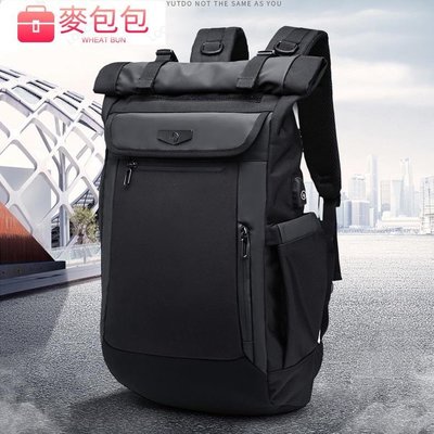 OZUKO酷黑後背包男 韓式大容量旅行包 休閒雙肩包 筆電包 電腦背包 學生書包 休閒後背包 尼龍後背包--麥包包