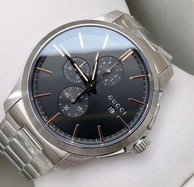GUCCI G-Timeless 黑色面錶盤 銀色不鏽鋼錶帶 石英 三眼計時 男士手錶 YA126272