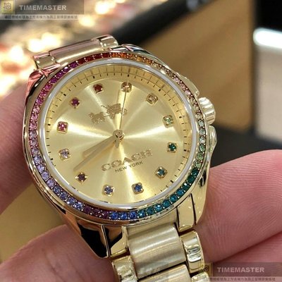 COACH手錶,編號CH00064,32mm金色圓形精鋼錶殼,金色時分秒中三針顯示, 彩虹鑽圈錶面,金色精鋼錶帶款