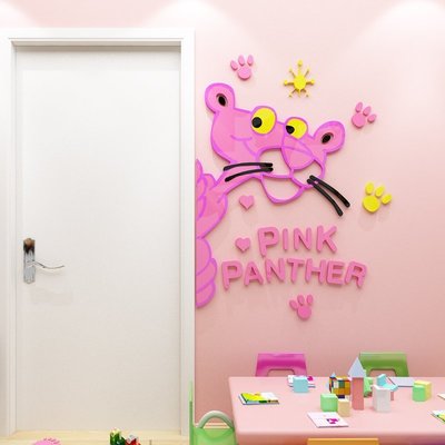 粉紅豹卡通女孩兒童房間臥室門邊墻面裝飾3d立體亞克力墻貼#墻貼#裝飾#簡約#創意#促銷