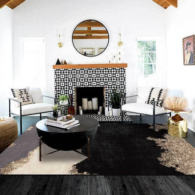 時尚北歐簡約輕奢抽象金色黑灰油畫拼接廚房客廳臥室床邊地毯地墊