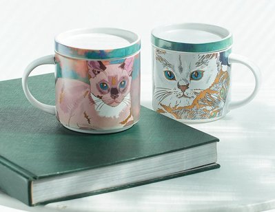 油畫貓咪帶蓋馬克杯  小貓  貓咪  帶蓋馬克杯  動物  陶瓷杯子  咖啡杯  水杯  粉紅色【小雜貨】