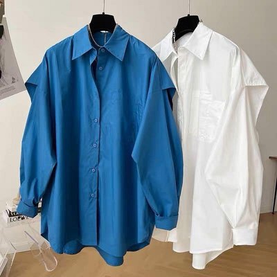 韓版 藍調慵懶 風衣式 假兩件襯衫 外套 ��大碼可