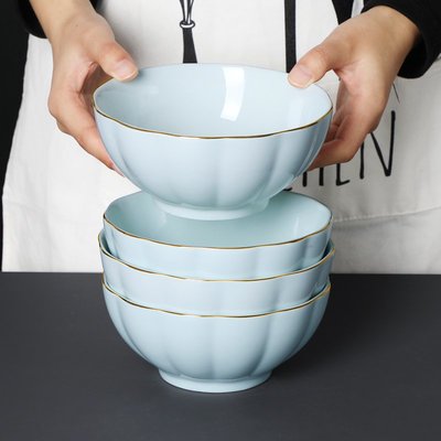 4只裝家用面碗金邊輕奢碗陶瓷大湯碗中式風青瓷南瓜湯面碗泡面碗~特價