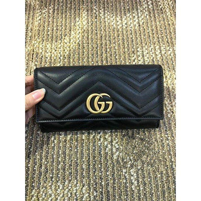 Gucci GG Marmont 山形紋掀蓋 女用 長夾 皮夾 黑色 拉鍊 扣子 真皮 443436