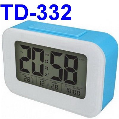 愛批發【可刷卡】KINYO TD-332 藍色 時尚鐘 光控鐘 聰明鐘【自動夜光】柔和光 時間 日期 溫度顯示