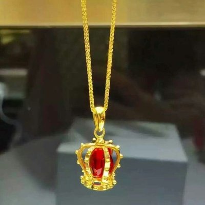 潘朵拉3d硬足金串珠 聖誕節 生日禮物 女王紅色水晶皇冠黃金吊飾 不含項鍊