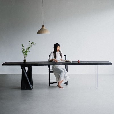 熱銷 侘寂風實木茶桌白蠟木碳化黑色餐桌原木大板桌現代簡約辦公桌定制簡約