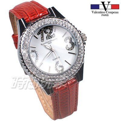 valentino coupeau范倫鐵諾 閃耀亮鑽 滿鑽 大數字水晶鑽 真皮 女錶 紅色 防水手錶 V12221紅