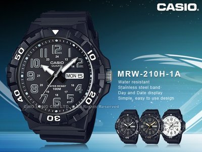 CASIO 卡西歐 手錶專賣店 國隆 MRW-210H-1A 男錶 樹脂錶帶 100米防水 日和日期顯示