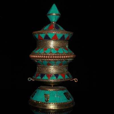 古玩古玩古董雜項新款全品尼泊爾黃銅鑲松石轉經輪藏族裝飾擺件收藏古董