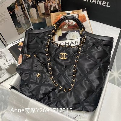 二手正品 Chanel 香奈兒 2022SS 黑金 尼龍購物袋 托特包 子母包 肩背包 中號 AS2993
