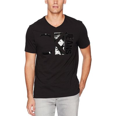 美國百分百【全新真品】Calvin Klein T恤 CK 短袖 T-shirt V領 logo 黑色 S號 I425