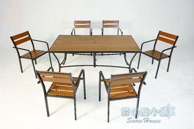 ╭☆雪之屋小舖☆╯鋁合金塑木長方桌椅組/戶外休閒桌椅/一桌六椅 A41217-1 / A19098