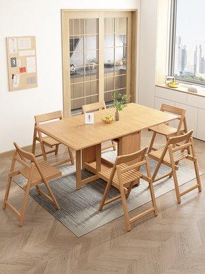 實木折疊餐桌小戶型家用飯桌一體餐邊柜可折疊伸縮餐桌椅折疊桌子~特價