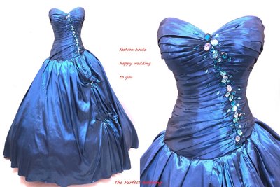 【時尚屋婚紗禮服】藍色露肩水鑽設計師華麗造型款《二手禮服》～Ｗ６６７(歡迎預約試穿)
