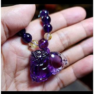 高檔ESP天然烏拉圭手工精雕紫水晶貔貅和紫水晶鈦晶項鍊珠鍊~市面稀有只有一件