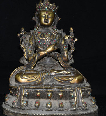 藏傳尼泊爾老黃銅鑲珠子寶石度母佛像，包漿風化自然老氣，珍品收藏居家佛堂擺件。342420重量9.2斤60 FY19189
