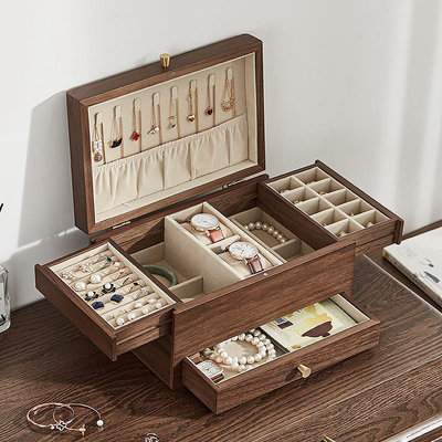 木質首飾盒復古大容量戒指耳環項鏈防氧化高檔三金飾品收納盒結婚