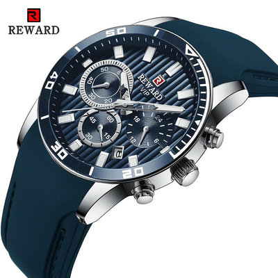 REWARD頂級豪華品牌男士手錶藍色石英手錶計時碼表矽膠錶帶運動防水日期顯示男士腕錶