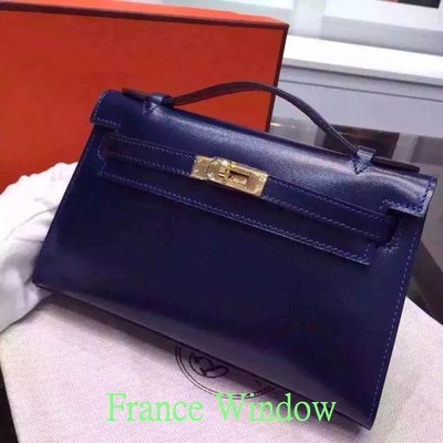France Window 愛瑪仕 迷你凱莉 Hermes Mini Kelly 寶藍色 金扣Box皮 手拿包