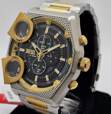 DIESEL Sideshow 黑色錶盤 金色配銀色不鏽鋼錶帶 石英 三眼計時 男士手錶 DZ7476