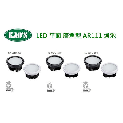 KAO'S 高氏 LED AR111 平面 廣角型 投射燈 9/12/15W (黃光/自然光/白光) 全電壓