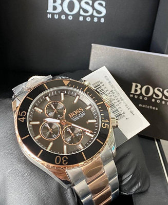 HUGO BOSS Ocean Edition 灰色錶盤 銀色配玫瑰金色不鏽鋼錶帶 石英 三眼計時 男士手錶 1513705