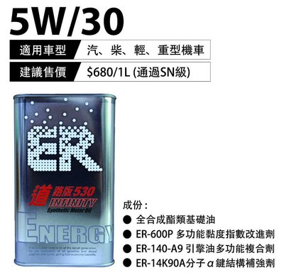 ER酯類機油 MIT 台灣製造 國際認證 奈米標章 5W30 (道路版) API SN SP