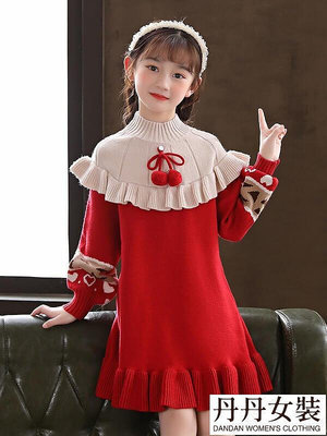 舞蹈系列 英國Next Road兒童連身裙公主裙針織紅色毛衣裙子洋裝女秋冬新款洋氣-丹丹女裝