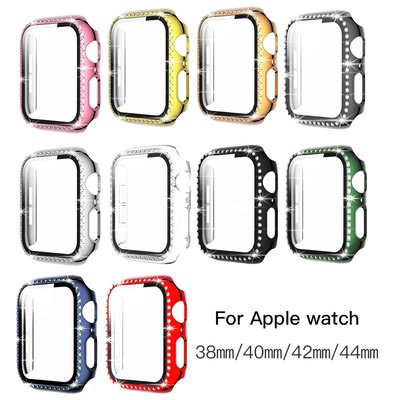 +io好物/apple watch 3/4/5蘋果表殼 雙排鉆電鍍PC+鋼化膜一體表殼/效率出貨
