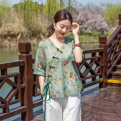 襯衫女復古盤扣女裝圓領寬鬆印花中國風上衣大尺碼女裝