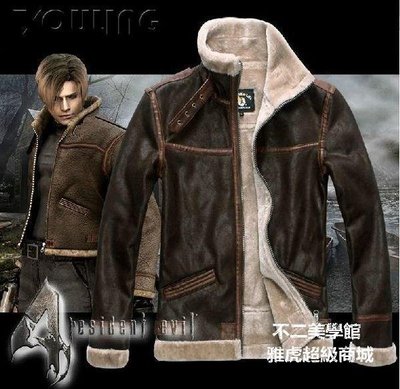 【格倫雅】^惡靈古堡生化危機4 皮衣服Leon 裡昂同款外套仿皮毛一體男士服裝夾克遊戲促銷 正品 現貨