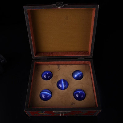 珍品舊藏收清代宮廷御藏罕見藍貓眼手球一盒盒子長24CM 寬2CM 高10CM球直徑3.8CM 單個重7 WN22496