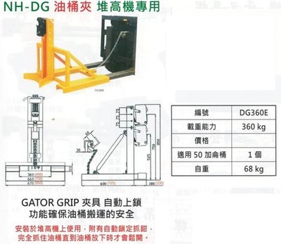 NH-DG油桶夾 堆高機專用 單桶油桶夾具 堆高機用單桶夾具 DG360E 荷重:360kg 適用50加侖鐵桶:1個