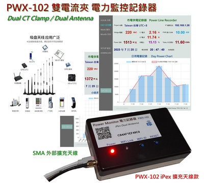 監控用電 PWX-102 iPex 雙天線 升級款 電力記錄器 交流功率計 用電管理 智慧型電錶 家電節能