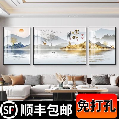 客廳裝飾畫新中式三聯沙發背景墻掛畫山水畫輕奢現代簡約壁畫2022