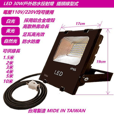 現貨【LED30W】戶外防水投射燈-4米線長插頭線-投光燈-探照燈-車庫燈-廣告招牌燈