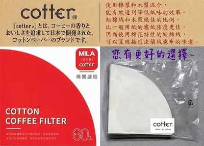 MILA 日本製棉質 COTTER 漂白 咖啡濾紙 錐形濾紙 02號 2-4杯 棉質濾紙 60枚入