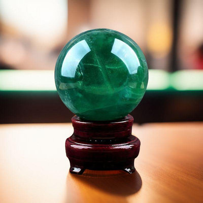 天然綠水晶球擺件綠螢石桌面家居飾品客廳玄關裝飾禮物綠色風水球-四通百貨