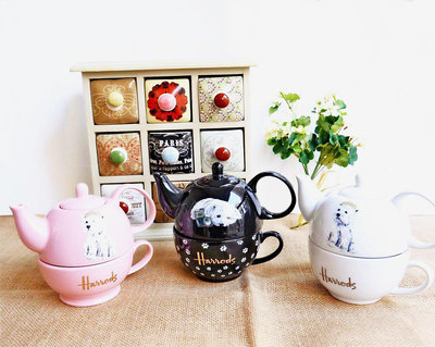 茶藝師 英國粉色Harrods禮物西高地日式子母陶瓷茶壺茶杯咖啡杯骨瓷杯
