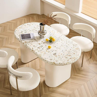 法式奶油風水磨石餐桌小戶型家用橢圓形飯桌 輕奢餐桌椅組合