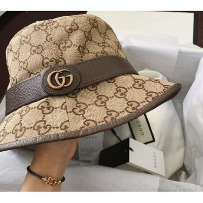 法國代購**  Gucci帽子古馳新款雙G金扣滿logo印花帆布軟呢帽漁夫帽  576587  現貨