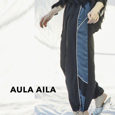 SHINY SPO 獨家代理日本設計師品牌AULA  AILA 異材質拼接緞面蕾絲前綁帶設計2way褲管可縮口兩穿式造型運動褲